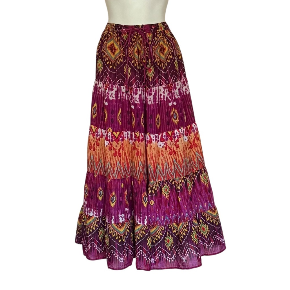 Passport Boho Red Pink Tiered A-line Maxi Skirt Size Small